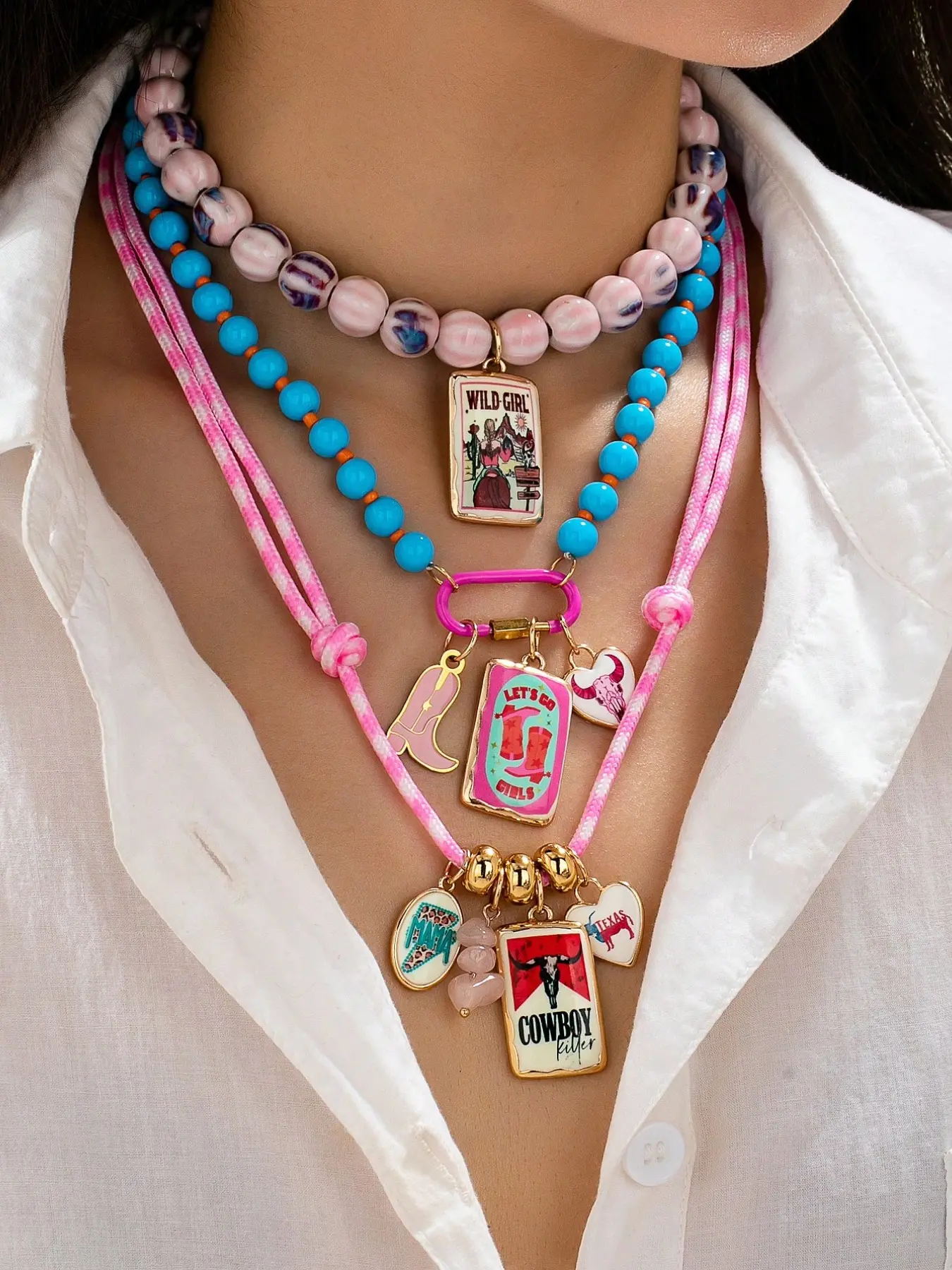 3 Pcs Western Cowgirl Layered Necklaces for Women, Beaded Choker Braided Rope Chain with Cowboy Boot Bull Head Heart Charms Wild Girl Fashionable Jewelry Accessories Gift