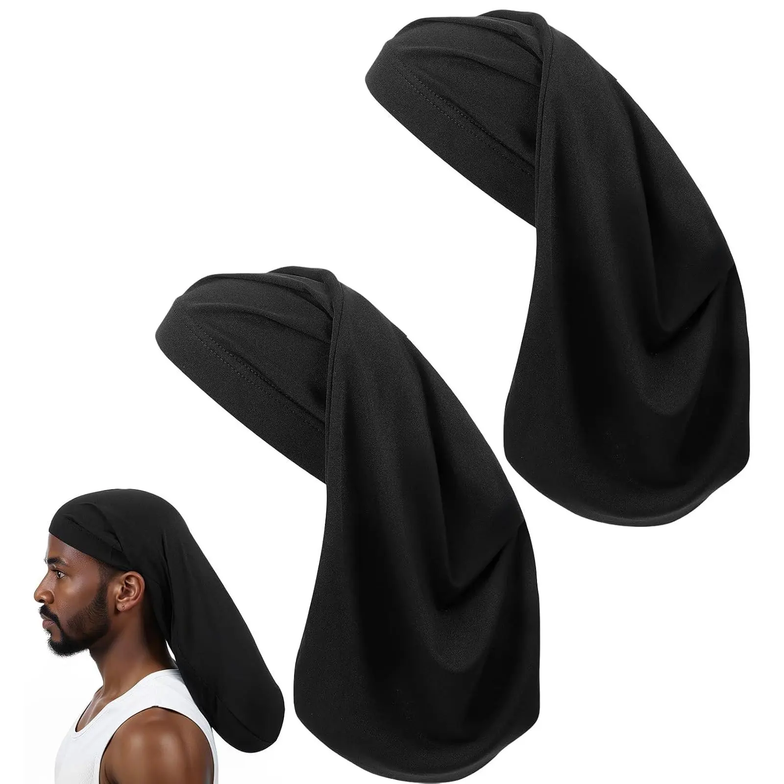 Men's Extra Large Loc Socks - 2-Pack Dread Caps for Long Dreads, Braids, Black, One Size