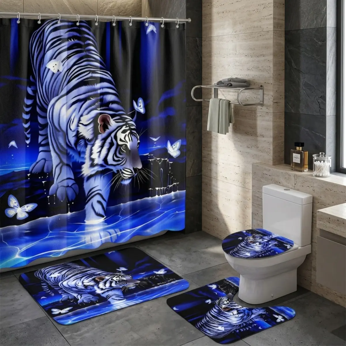 4pcs Blue Panther Shower Curtain Set with Neon Tiger Roar, Glowing Cat Pattern, Night Jungle Street Vibes, Halloween Party Decor for Bathroom, TikTok Trending Home Style