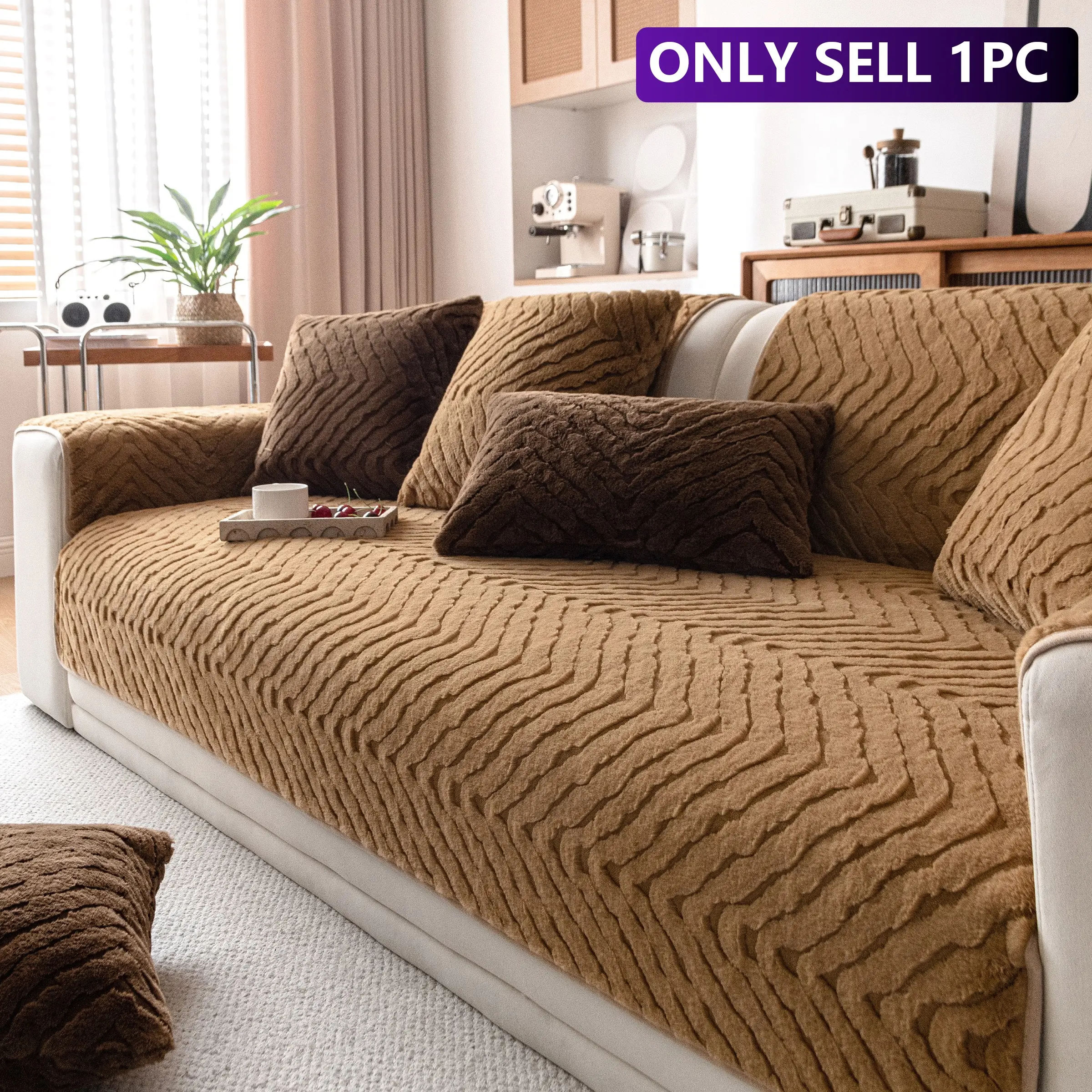 Classic Solid Color Sofa Pad, Wave V-Shape Jacquard Plush Design, Non-Slip, Dustproof, Pet-Friendly, All Seasons