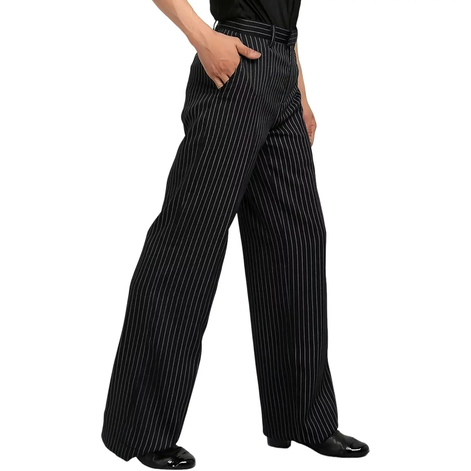 Menswear Stylish Wide Leg Pinstripe Straight Pants, Professional Dance Trousers for Latin, Jazz