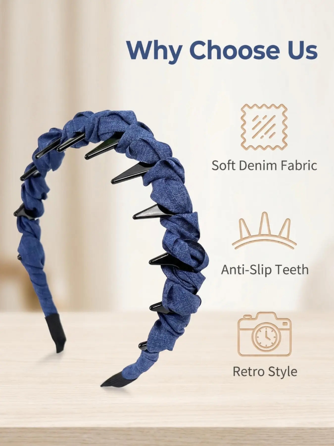 Denim Blue Braided Hairband for Women, Anti-Slip High Crown Design, Daily Use Face Washing Headband, External Wear Pressed Hair Accessory