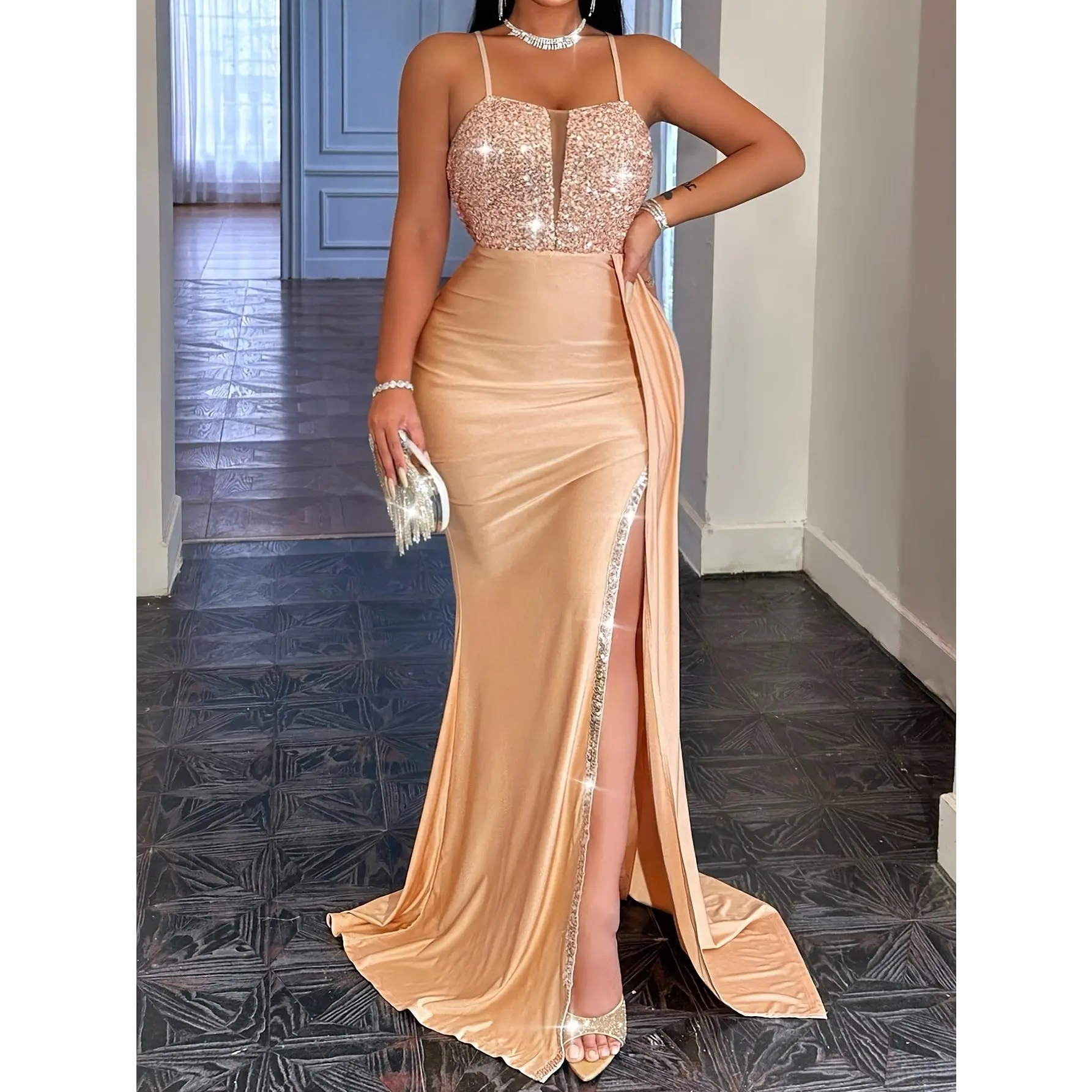 Women's Elegant Purple Sequin Formal Dress, a Fitted Knit Gown with Spaghetti Straps, V-Neck, Open Back, and High Slit for Night Out Parties, Formal Dresses, Glamorous Style,sleeveless,halter,, Fabric, Evening Style,high-low,hem,, Dress Style Evening Dres