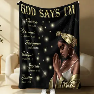 God Says I Am Faith Theme Flannel Blanket - Comfortable Warm Lightweight and Portable - Black Women and Biblical Verses Sofa Bed Decor Office Nap Throw Car Camping Cover Blanket Gift for Believers