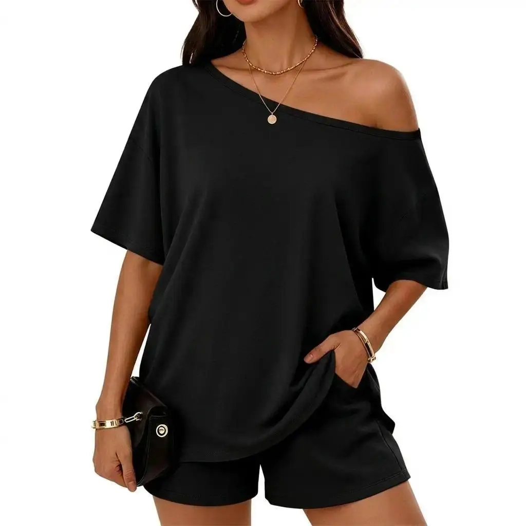 Women's 2-Piece Off-Shoulder Top & Slim-Fit Shorts Loungewear Set, Spring Summer Casual Home Outfit