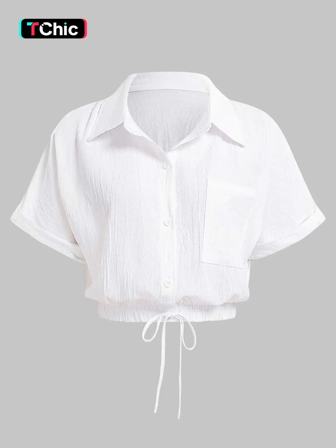 1 Piece Women's Crop Shirt, Collared Button Down Short Sleeve Button Front Drawstring Hem Cropped Blouse with Pocket, Loose Fit Casual Basic Top, Figure Flattering for Office Work Daily Wear Vacation Brunch Going Out Button Blouse Shirts