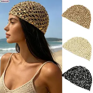 Sequin Crochet Beanie for Women, Breathable Y2K Beach Hat with Open Knit Design, Trendy Boho Summer Accessory for Vacation Outfits, Festivals, Coastal Cowgirl Looks & Everyday Styling