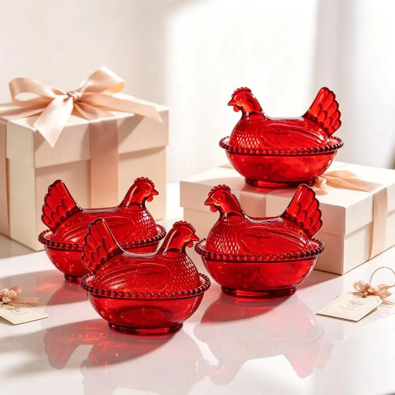 PABHAN Farmhouse Look 4-Piece Set Mixed Colors Chicken Form Canisters - Glass Storage Bottles with Lids, Multi-Functional for Spices, Candy, Jewelry Trinkets, Paperclips, Retro Home Organizer Table Decor, Canister