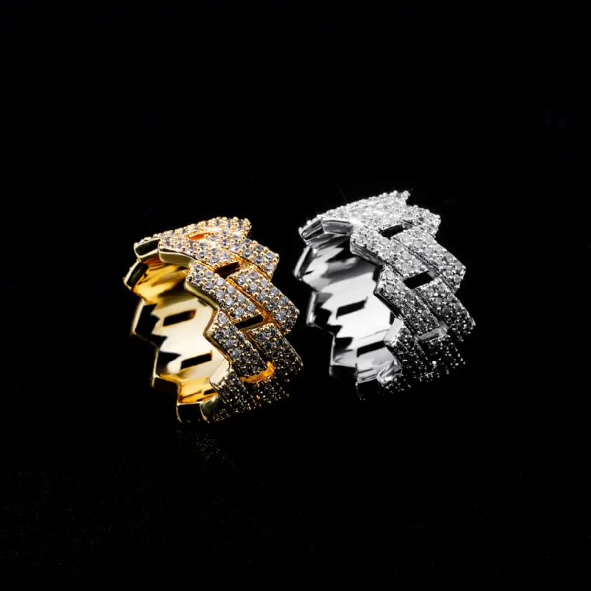 Hip Hop Style 14mm Real Gold Electroplated Withered Cuban Ring, Double Row Zircons with Zircon Accents, Diamond-Like Stones