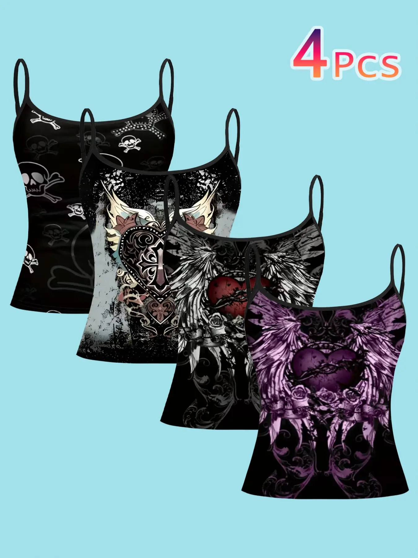 4-Pack Punk Style Tank Tops, Spaghetti Strap, Women, Skull, Thorns, Heart Wings Vintage Prints, Casual Fitted Design, All-Over Print, Unisex Fashion, Cami Tank Top
