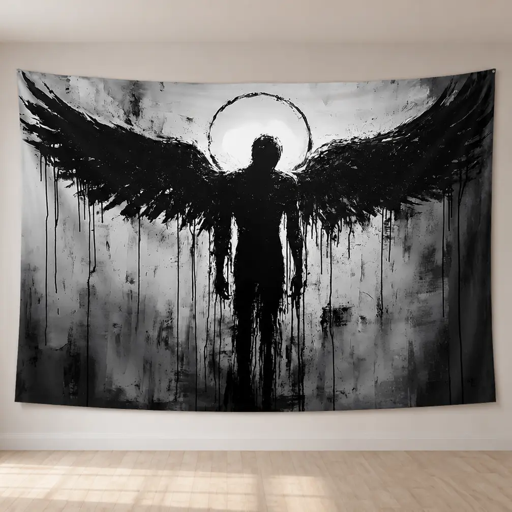 2D Flat Banner black and white abstract dark angel silhouette printed polyester photography backdrop, HD digitally printed soft lightweight foldable background cloth for indoor photoshoots, video studios, product photography, live