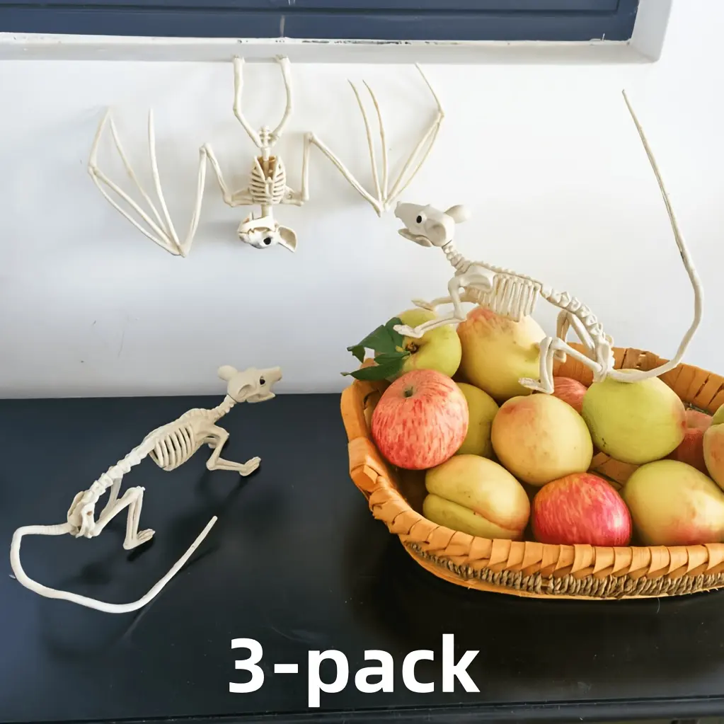 3pcs Set, Halloween Realistic Fun Bat And Mouse Decorative Skeleton Combination, Head And Jaw Are Detachable And Movable, Suitable for Holiday Parties, Garden Lawns, Bookshelves, Desktops, Haunted House Horror Fun Decorative Ornaments