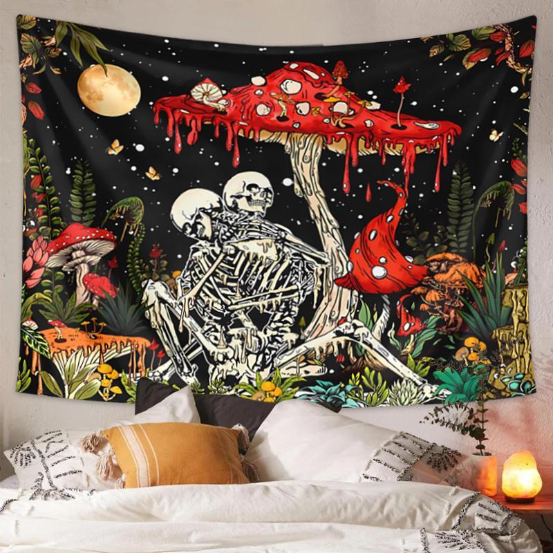 Mushroom & Bone Printed, 1 Piece Fantasy Flower Plant Aesthetics Tapestry, Home Decoration Pendant, Flower Pattern Tapestry