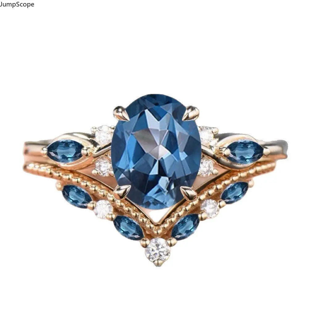 Oval London Blue Two-Piece Stackable Bridal Ring Set, Gold Plated Copper Leaf Side Stone Milgrain V-Shape Band for Women Engagement Wedding & Luxury Daily Wear