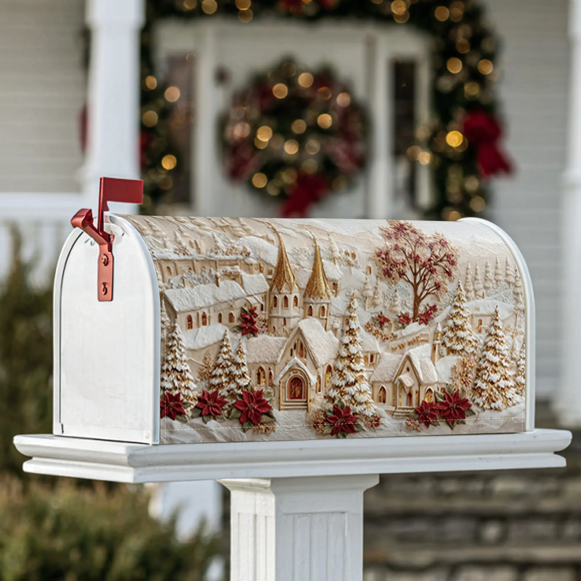 church Magnetic Mailbox Covers, Winter festive snow trees Christmas white Mailbox Post Cover for Garden Patio Decor