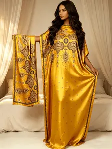 Women Oversized Bright Golden Yellow Vintage Paisley Printed Caftan Maxi Dress Two Piece Outfit With Scarf, Loose Flowy Split Side Kaftan Robe, Curvy Friendly Plus Size Beach Cover Up, Soft Casual Bohemian Resort Wear, Lounge Night Gown, Summer Pool Vacat