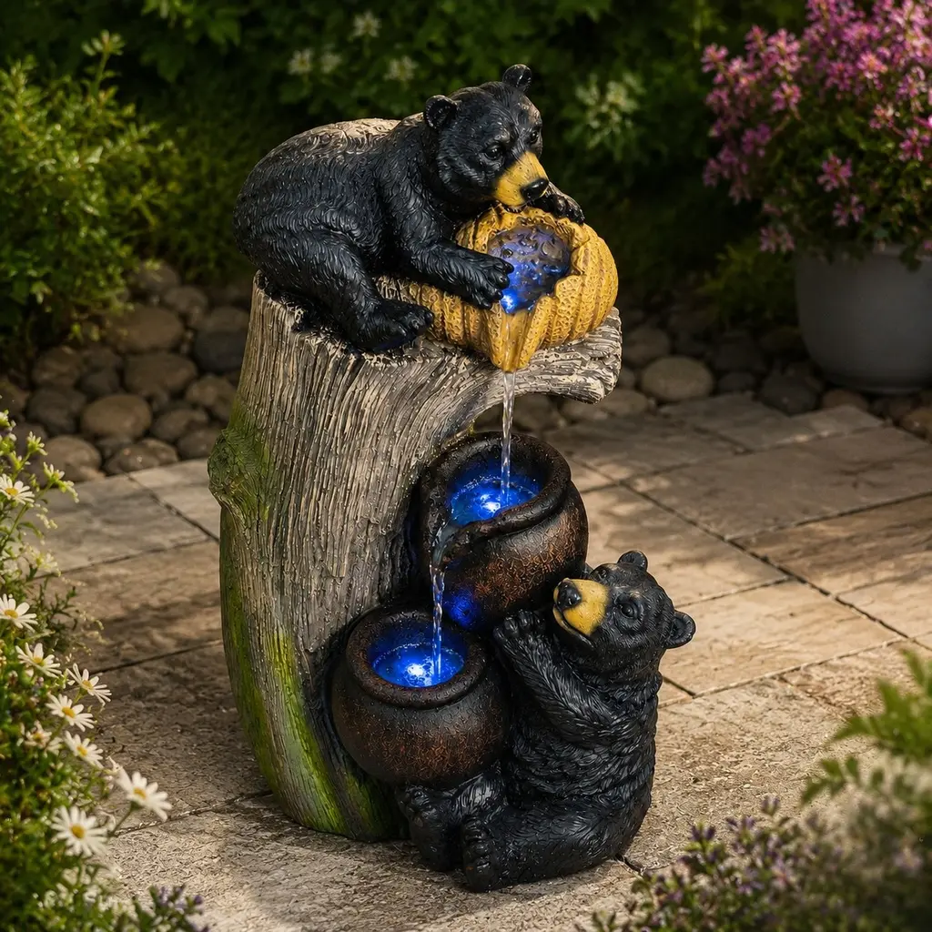Bear Outdoor Water Fountain with LED Lights, 23.62in Tiered Cascading Water Feature with Pump for Patio, Yard, Balcony, Garden Decor