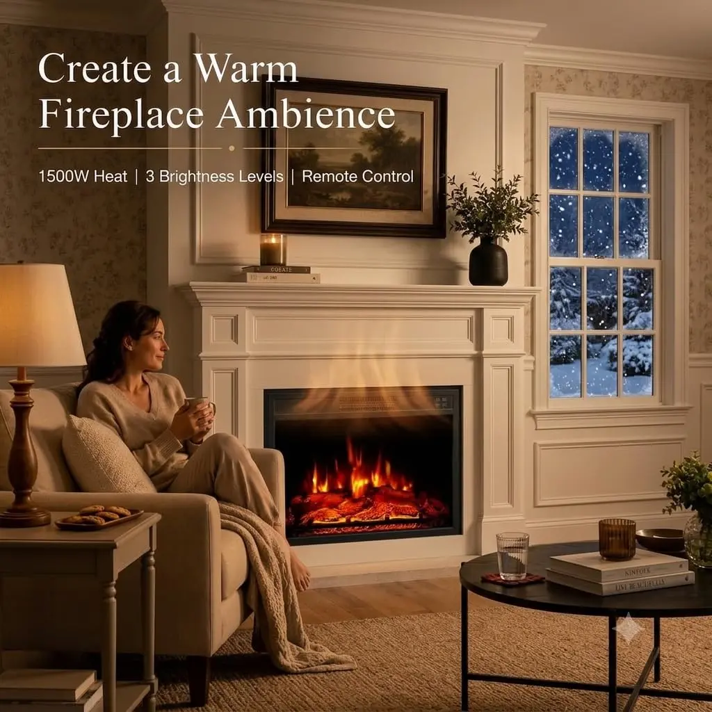 23" Recessed Electric Fireplace Insert with 1500W Built-In Heater - Remote Control - 3 Flame/Ember Brightness - 0.5-9H Timer - Compact In-Wall Design