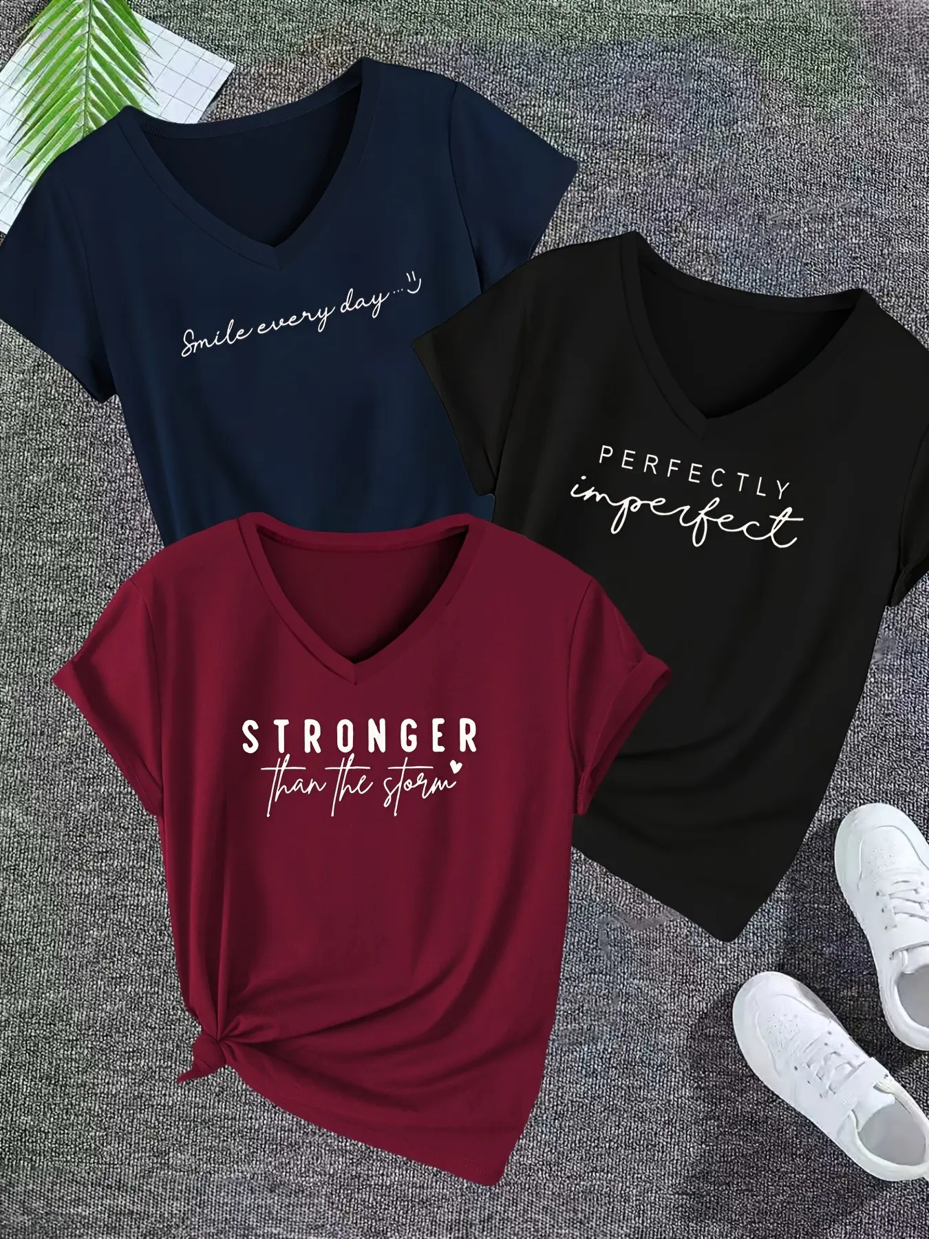 Three-Piece Women's Casual V-Neck Short Sleeve T-Shirt, Casual Trendy Tee, Inspirational Letter Print, Spring Summer Top, Ladies' Fashion, Summer Fashion Clothing