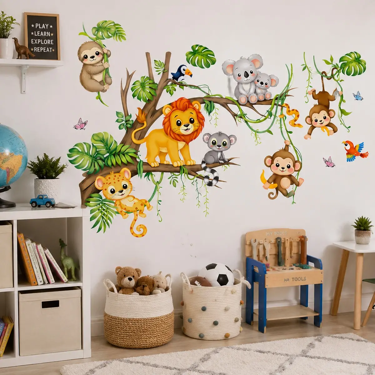 Safari Tropical Jungle Animal Wall Decals, Cute Lion Koala Monkey Sloth Leopard, Removable Vinyl Decorative Stickers, Nursery Decor for Kids Bedroom