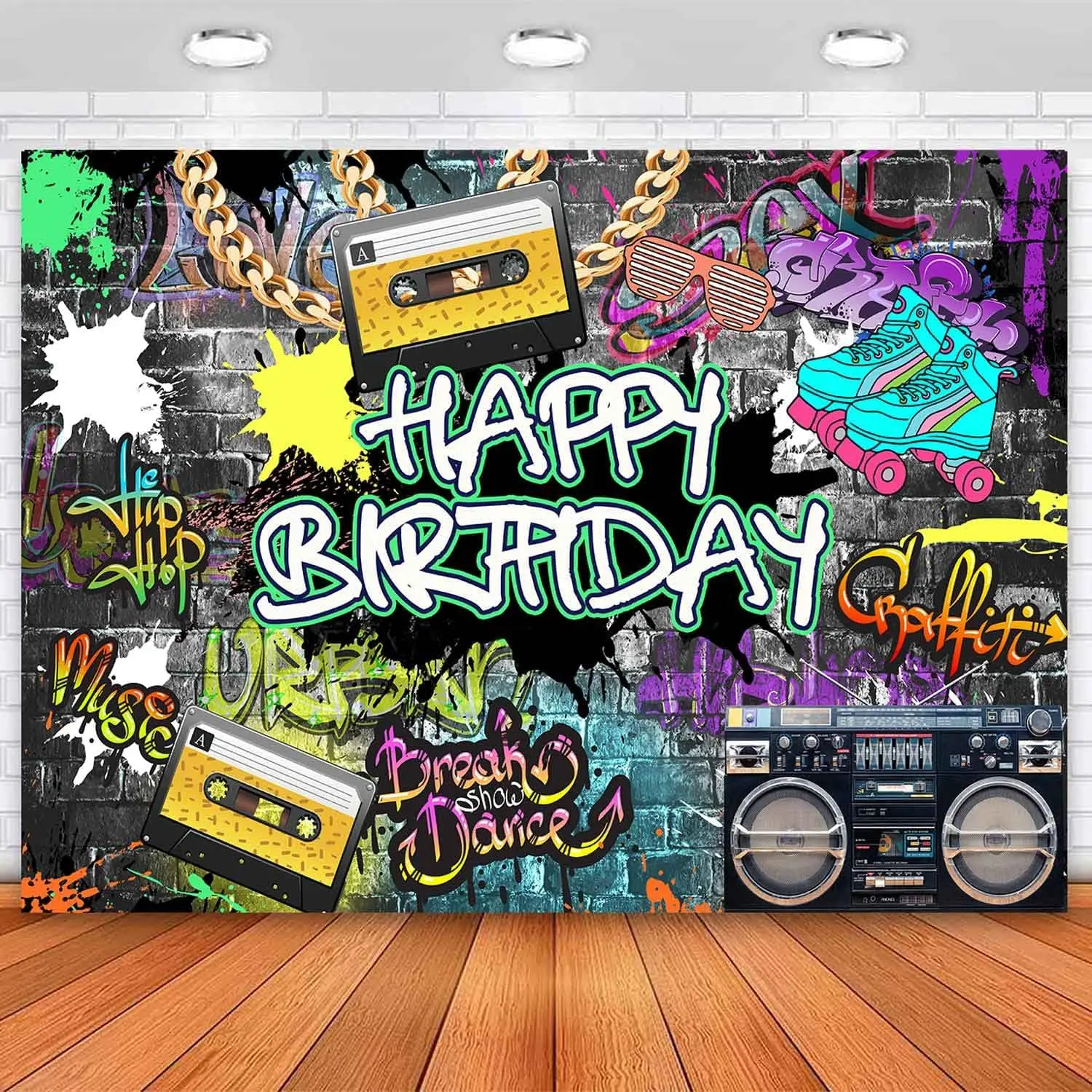 Graffiti 80's 90's Birthday Backdrop Urban Retro  Hop Birthday Party Background  Chain Glasses  Tape Recorder Disc Rock Birthday Decoration Banner Photo Booth Props 7x5ft