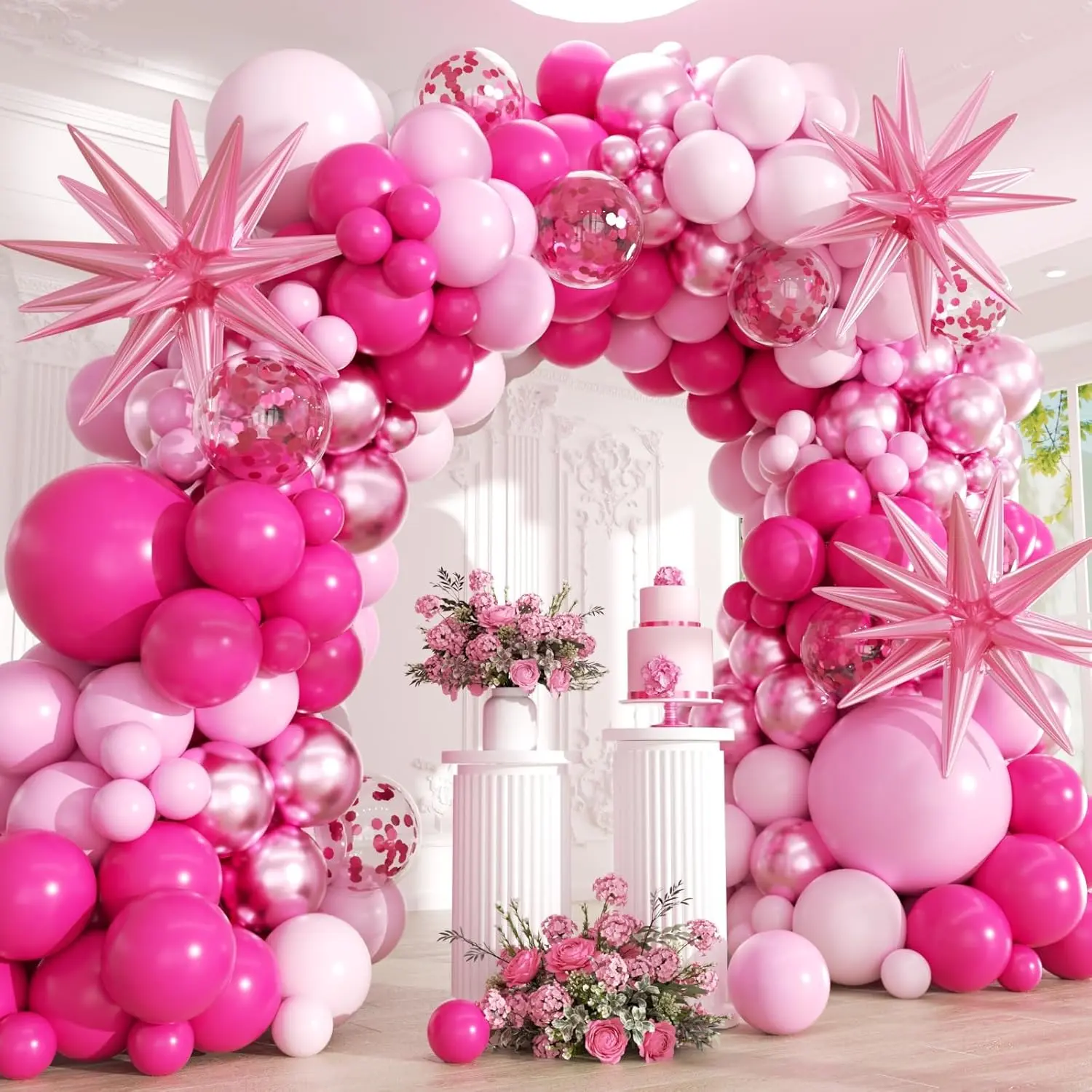 161-Count Modern Multi-Size Synthetic Colored Latex Balloon Garland Arch Kit - Hot Metallic Shades & Pink Confetti Balloons with Pump for Girls' Princess Birthday, Photo Party Decor, Balloon Decor, Hot Colors