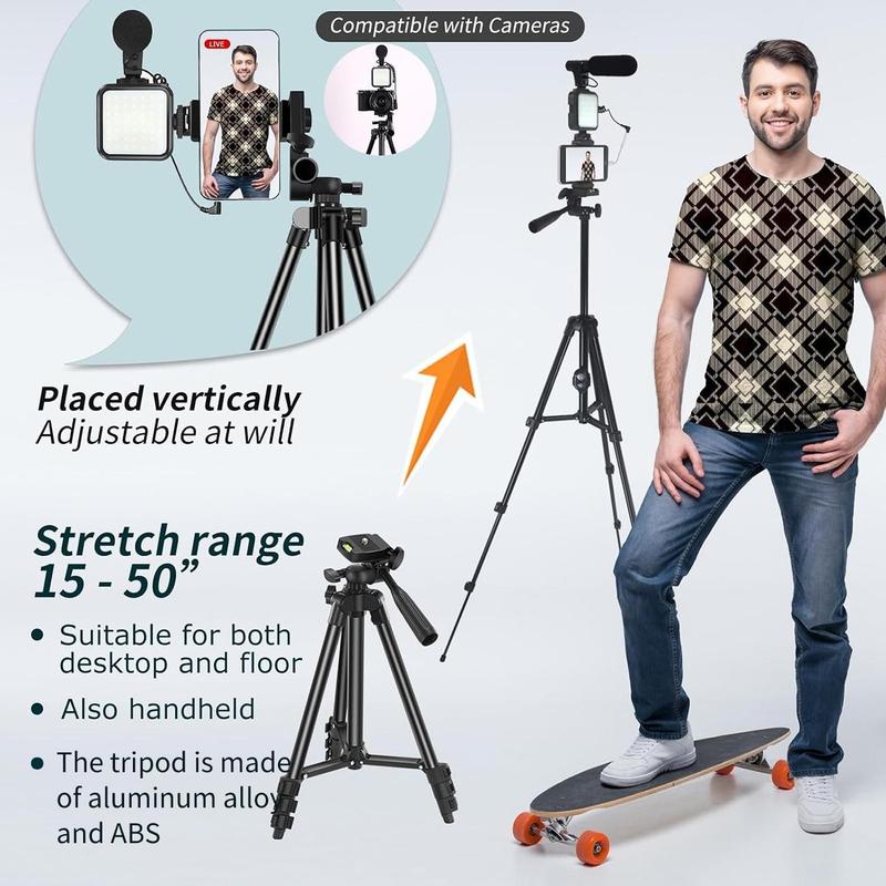 Video Blog Kit for YouTubers, 1 Set Telescopic Tripod & Microphone & Fill Light & Remote Control, Perfect Video Recording Accessories for iPhone & Android & Camera, Video Recording Equipment, Vlogging Kit