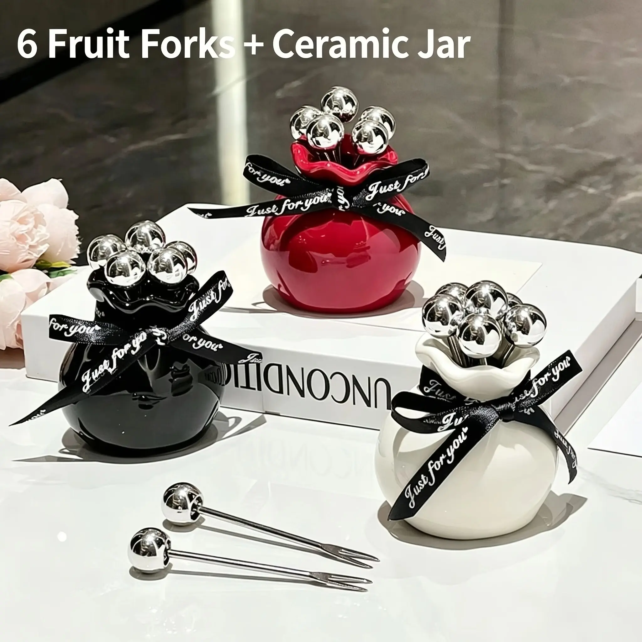 6-Piece Fruit Fork Set with Ceramic Storage Jar, Home Sweet Treats Fork Set, Luxury Stainless Steel Small Forks, Cake Picks