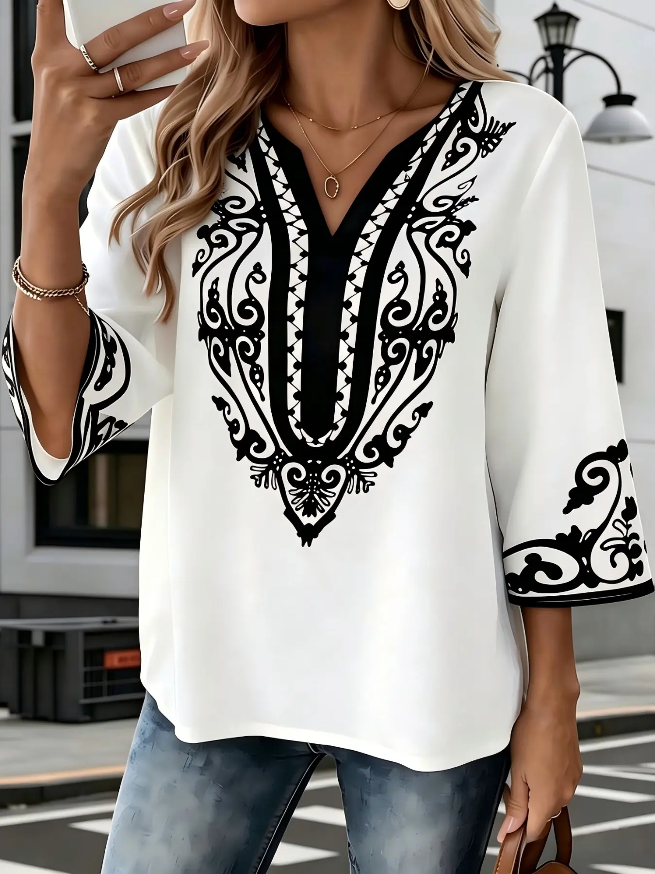 Vintage New French Court Style Floral V Neck Bell Sleeve Shirt Top, Elegant Women's Fashion Blouse, Perfect for Special Occasions