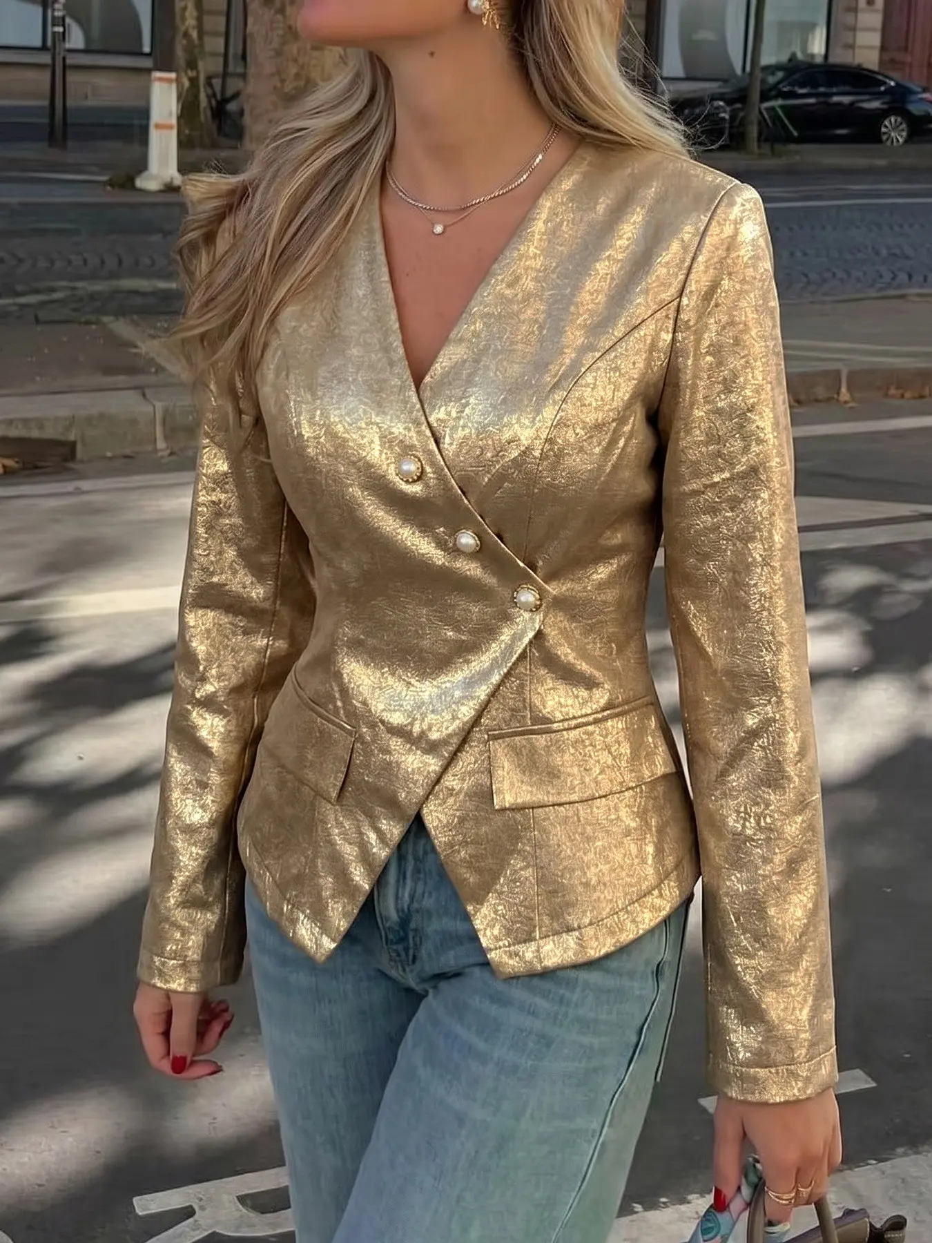 Elegant Vintage Style Gold V-Neck Slim Fit Long Sleeve Suit Jacket, Women's Fashion Outerwear, Chic and Stylish Business Wear