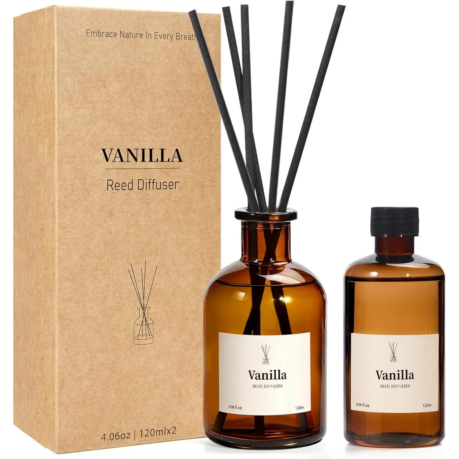 Reed Diffuser Set, 8.12 fl.oz Vanilla Oil Diffuser with 10 Sticks, Home Fragrance Reed Diffuser for Bathroom Shelf Decor & Air Fresheners, Up to 120 Days, 2 Pack