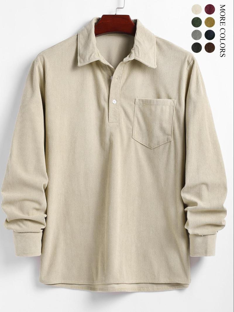 ZAFUL Men's Corduroy Shirts Solid Color Fall Half Button Long Sleeves Polo Shirt Casual Work Collared Shirt with Casual Outdoor Shirt