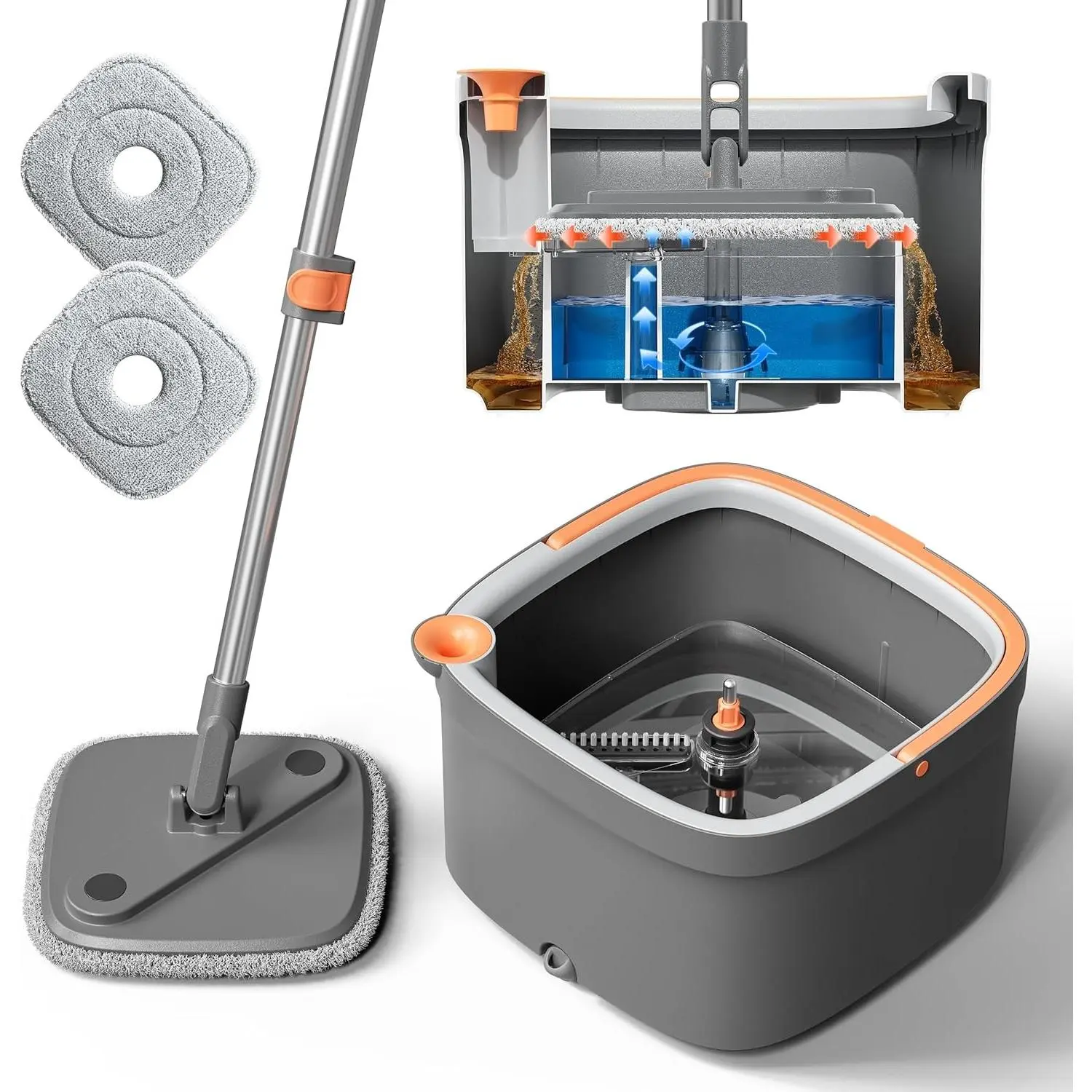 Spin Mop and Bucket Set, Self-Separating Clean & Dirty Water System, Self Wringing 360° Rotating Square Mop Head, 2 Replaceable Microfiber Mop Pads for Hardwood, Tile, Marble Floors