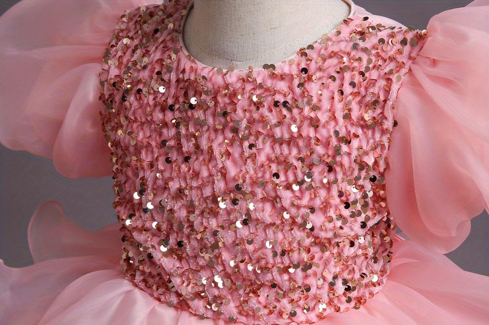 Girls Sparkling Sequin Princess Dress Puff Sleeves Halloween Christmas Dance Performances Formal Dresses for Youngsters Stage Performance Skirt with Positioning Holes