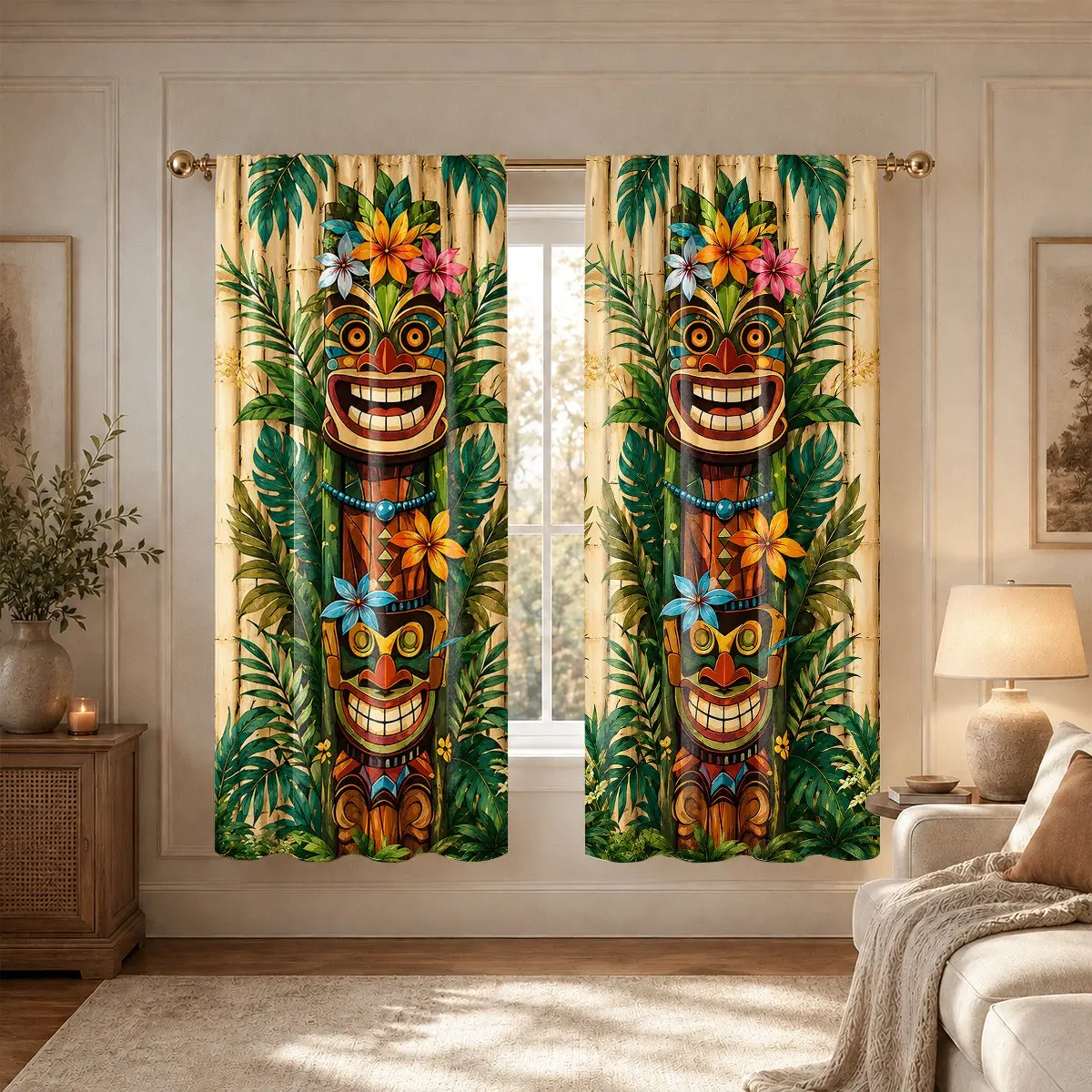2-Pack Vintage Polynesian Mask Print Drapes, Tropical Palm Leaf Curtains, Rod Pocket Design, Semi-Transparent Privacy, Bedroom Living Room Kitchen Closet Study Home Decor
