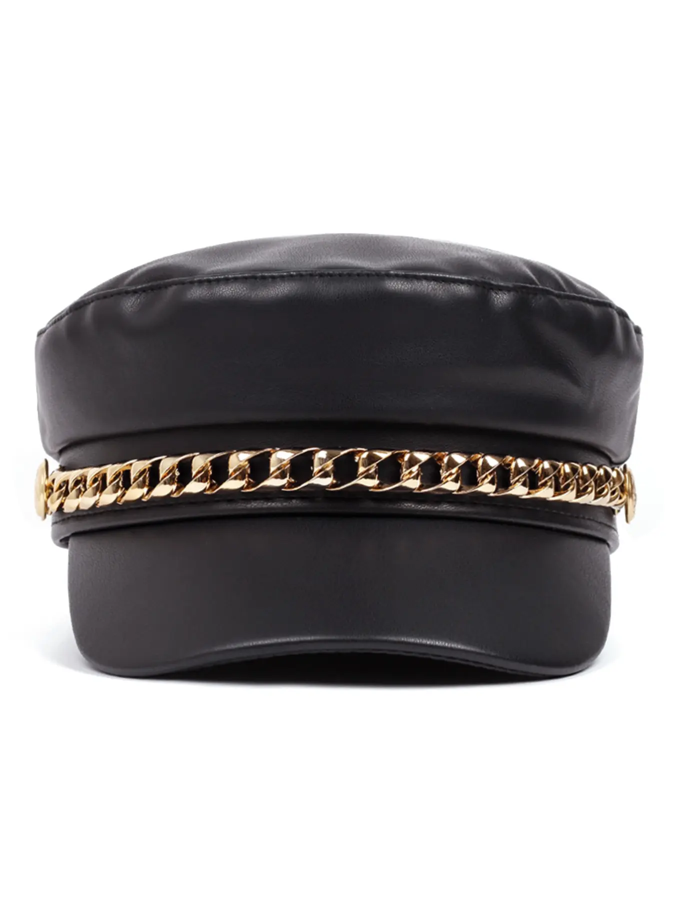 Trendy Biker Punk Style Cadet Hat Black PU Leather Gold Chain Cap Vintage Goth Newsboy Cap For Girls Autumn Outfits Casual Elegant Headwear