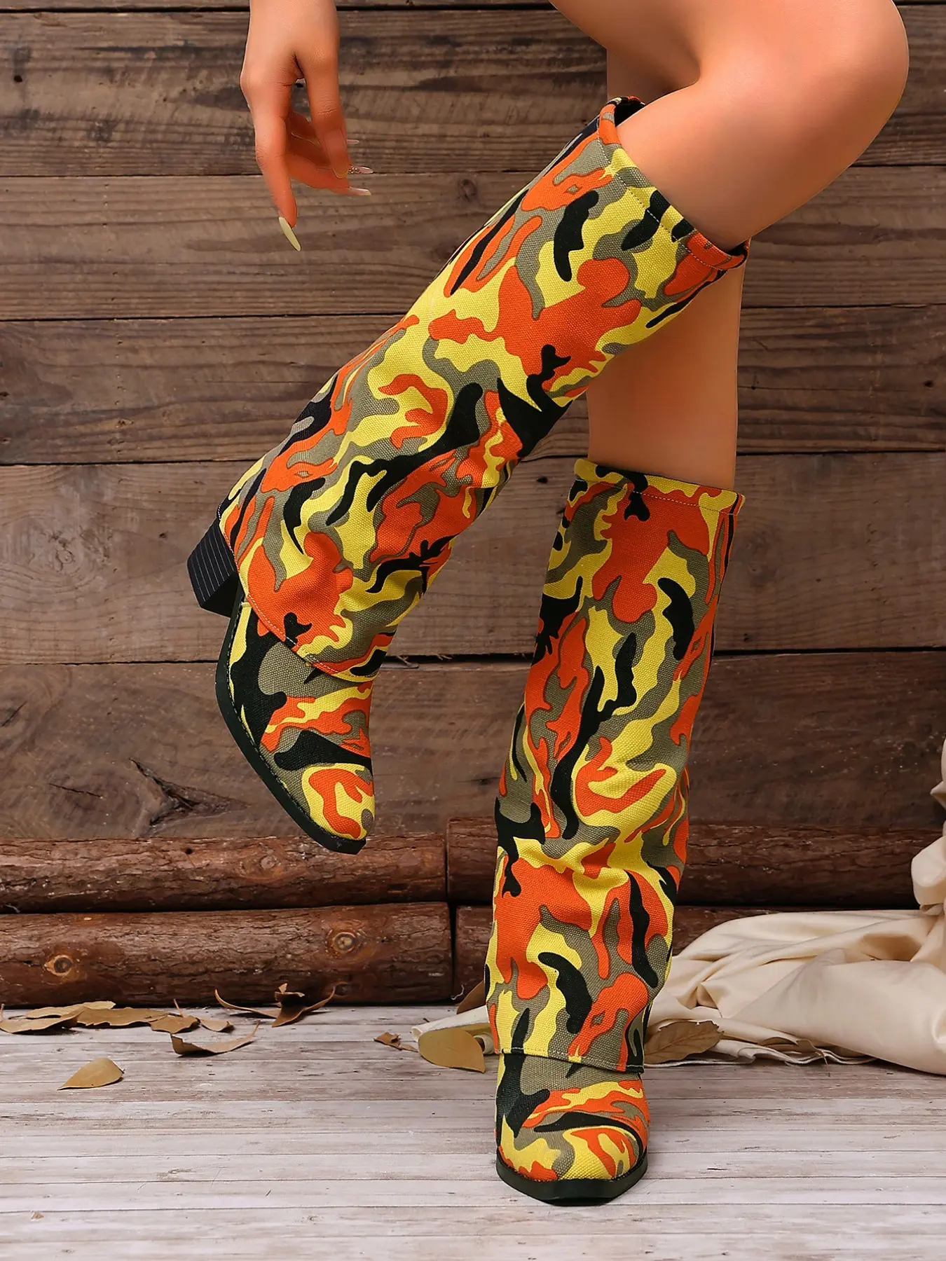 Women's Camo Print Pointed Toe Chunky Heel Mid-Calf Boots, Casual Fall Winter Fashion, Textile Upper, Rubber Sole, Y2K Retro Style