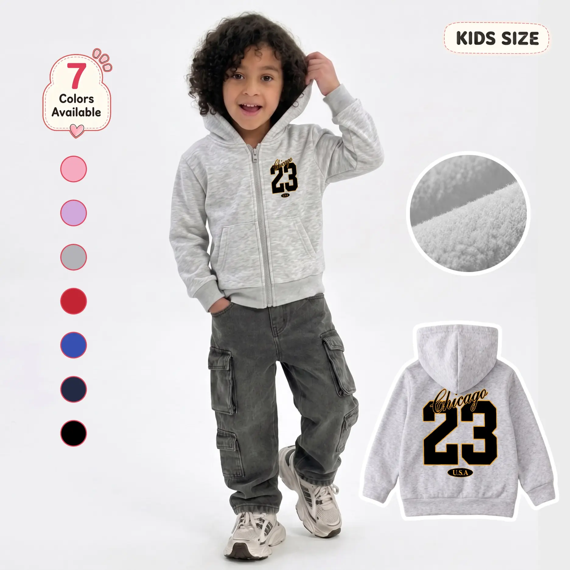 Kids’ Chicago 23 Graphic Zip-Up Hoodie - Long Sleeve, Regular Fit, Casual Sporty Hooded Jacket with Front Pockets, Front & Back Number Print, Casual Outerwear for School/Travel