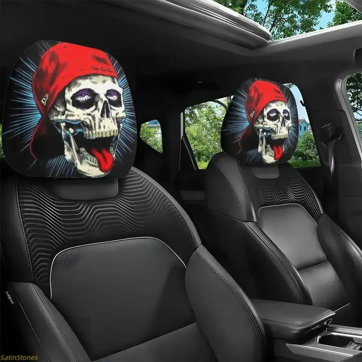 Car Headrest Covers, 2 Pack Peppy Hip Hop Skull Print, Universal Fit and Machine Washable Interior Vehicle Accessories for Car, Funky, Auto Accessories, 2Pack For Both Seats, Hip‑Hop Skull Look