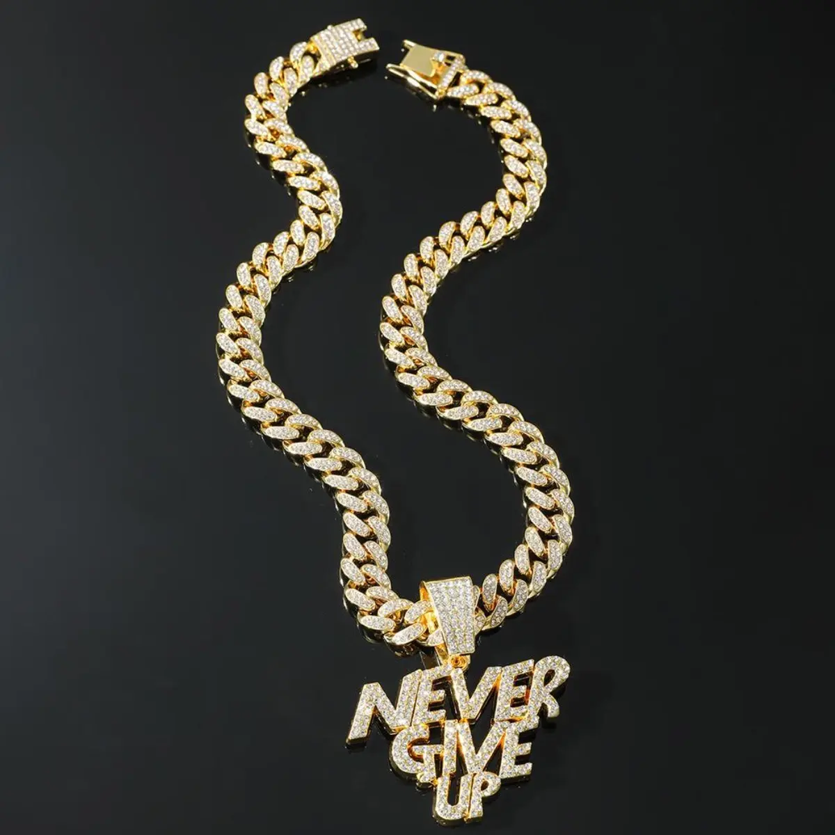 Iced Out Cuban Chain NEVER GIVE UP Pendant Hip Hop Bling Necklace for Men Women Unisex Gift