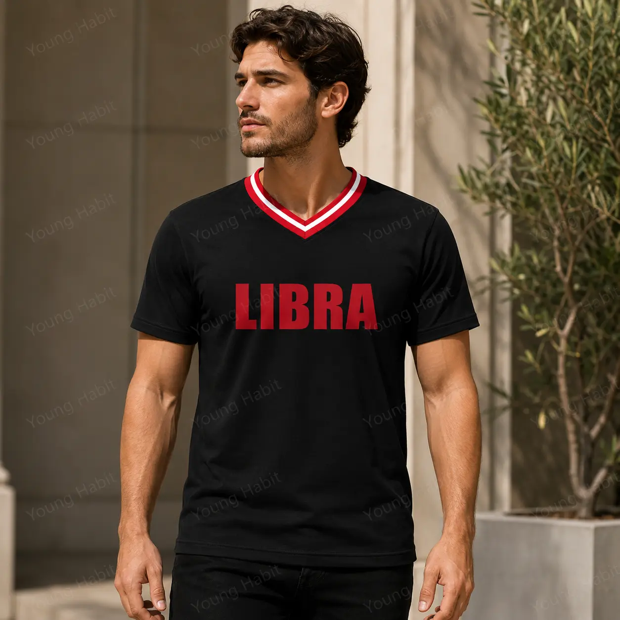 Men's Libra Zodiac Graphic V Neck T Shirt, Astrology Horoscope Sign Tee, Black Red Short Sleeve Casual Top, Libra Symbol Front and Back Shirt, Birthday Gift for Libra Men Women, Summer Streetwear Daily Outfit, Astrological Sign Lover Jersey Style Tee
