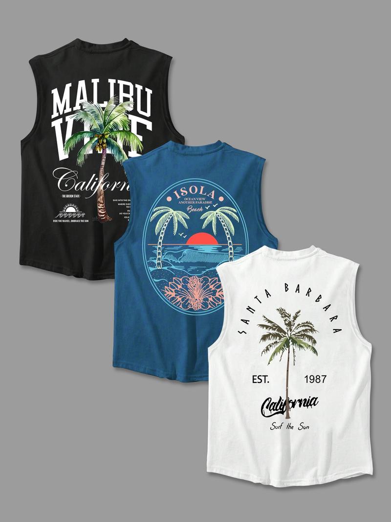 Men's Letter & Palm Tree Print Round Neck Tank Top, Regular Fit Casual Graphic Sleeveless Vest for Summer, Men's Top for Daily Wear, Menswear, Tank Tops Workout
