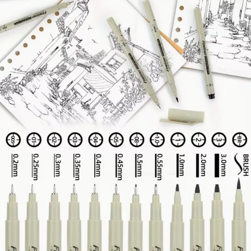 12pcs Sketching Line Pens, 0.2mm-Brush Tips, Large Capacity Waterproof Ink, Ideal for Outlining, Drawing, Calligraphy, Comics, Art Supplies, Artist Supplies