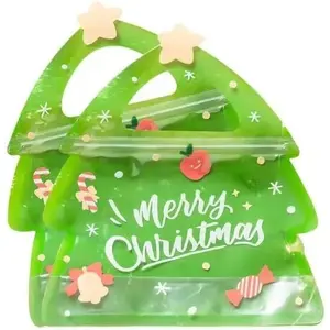 Christmas  Bags For Clear Tree Shaped Ziplock  Goodie Bag Xmas Sealable Bags With Handle For Candy, Cookie, Snack, Party Supplies 10 count