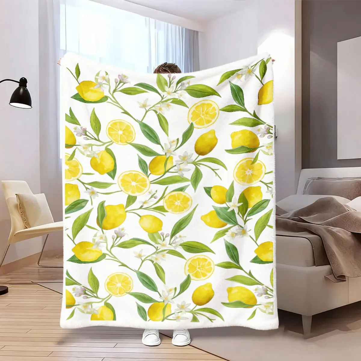 New Arrivals Fruit ElementLemon Floral Blanket Gift, Present for Family, Friends, Home Bedroom, Living Room Soft And Cozy, Lightweight, Adorable Blanket,for Bed Printed Flannel Blanket, Soft ,280gsm,Back to School Dorm Decor