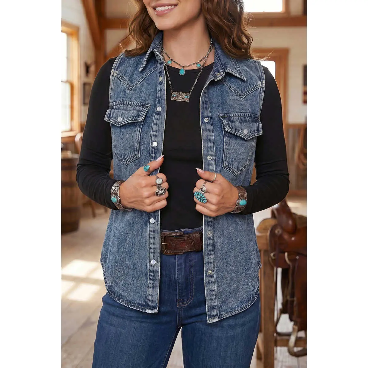 Ashleigh Blue Solid Denim Button Front Pocket Sleeveless Cowboy Vest, Casual, Tops, Fabric