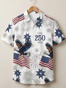 3D Summer Men's Vacation USA 250th Anniversary Bald Eagle Flag Fireworks Print Short-Sleeved Shirt Breathable Casual Shirt