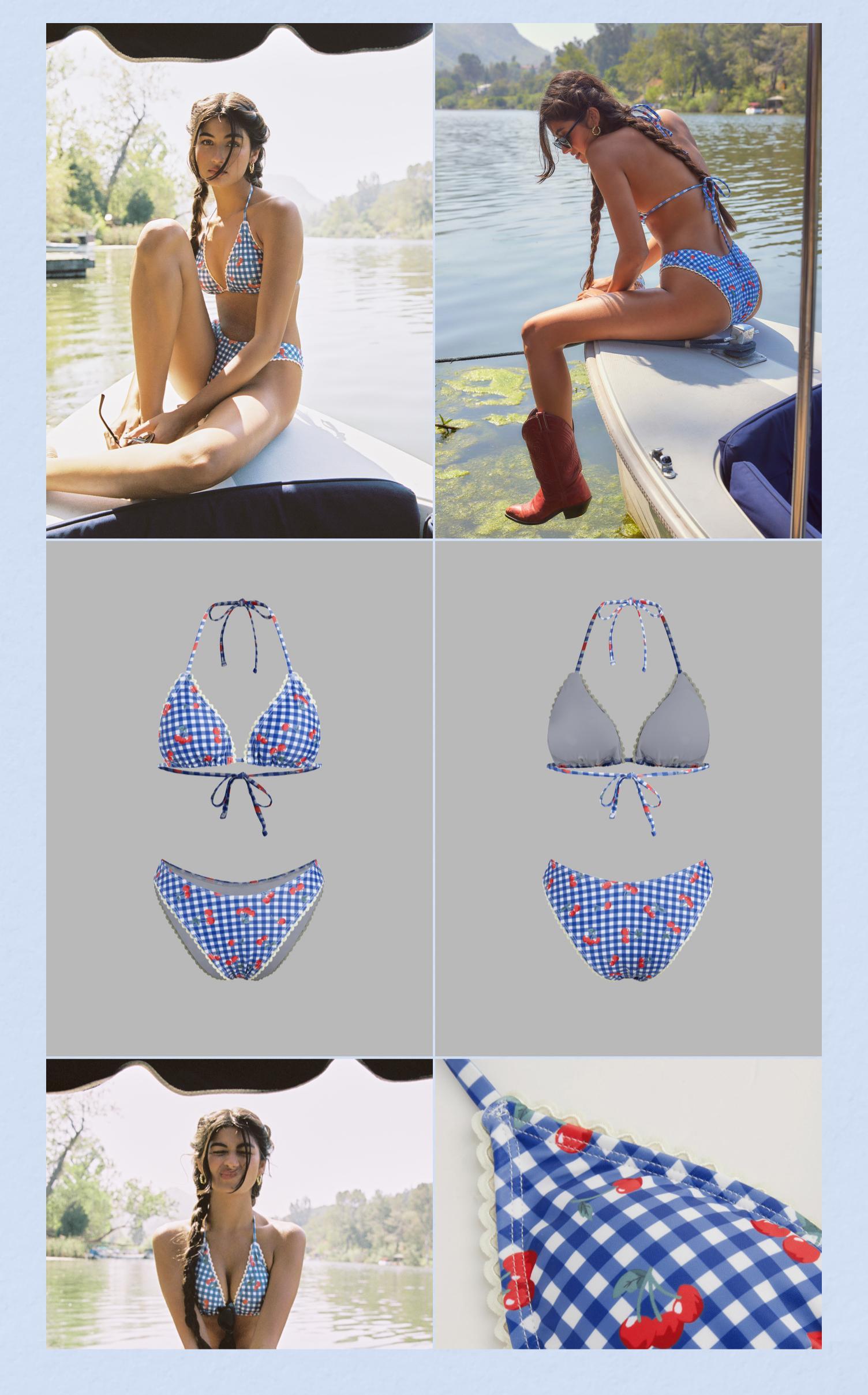 Cider [size 2-10] V-neck Contrasting Binding Halter Cheeky Bikini Swimsuit, Check Cherry Graphic Summer Vacation Bikini Set, Venus Summer Bikini Set