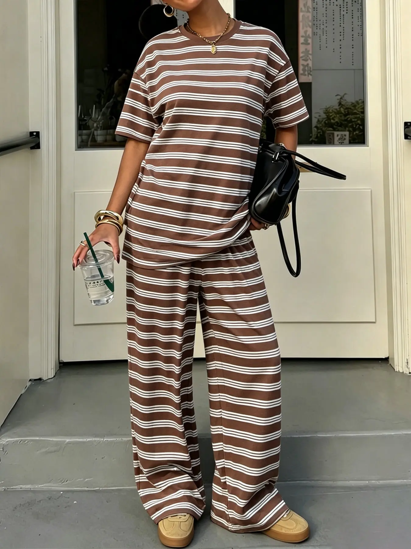 Women's Summer Casual Set, Round Neck Baggy Loose Fit Short Sleeve T-Shirt + Straight Leg Pants, Striped, Korean Style, All Seasons, Fashion