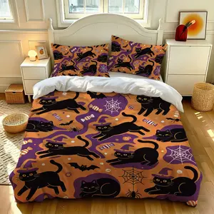 3-piece Halloween Black Cat Witch Hat Quilt Set, including 1 duvet cover and 2 pillowcases, without blankets or pillowcases, soft and comfortable, suitable for bedrooms, hotels, and school dormitories
